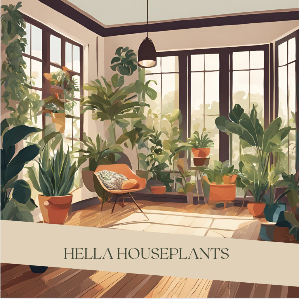 An illustrated living space with floor to ceiling windows, modern minimal furniture, and plants, plants, plants.