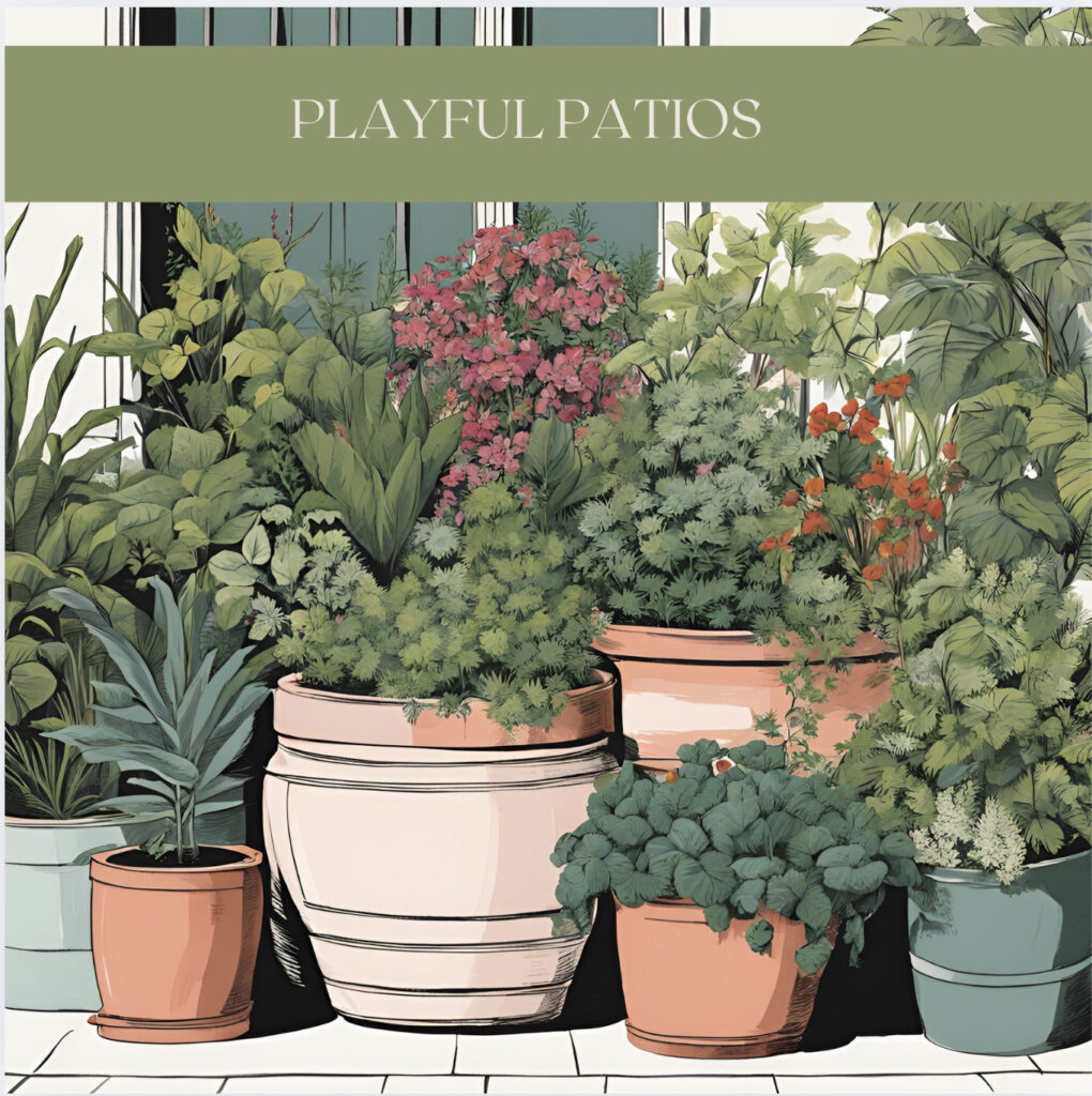 An illustration of a lush container garden, including herbs, foliage and flowers.