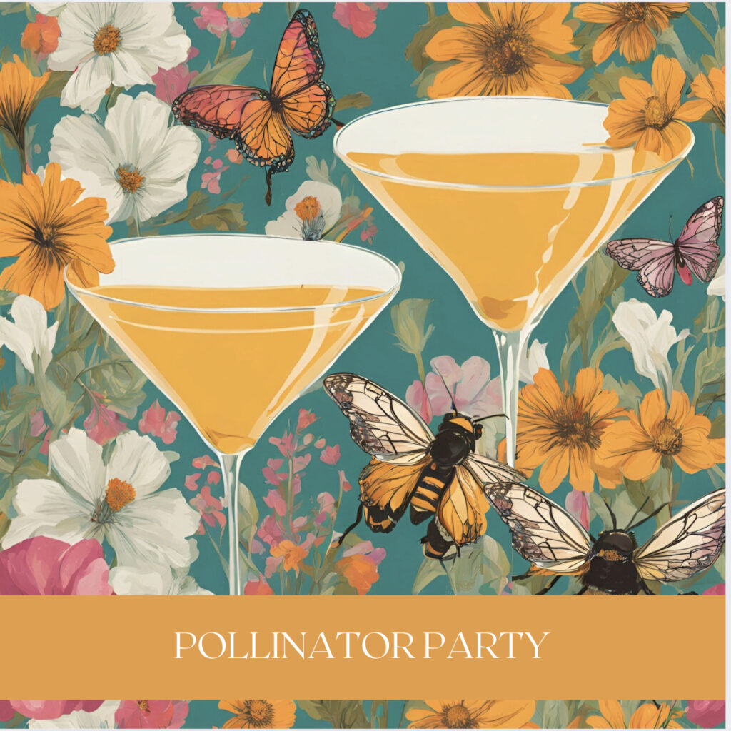 Two refereshing cocktails surrounded by flowers, butterflies, and bees.