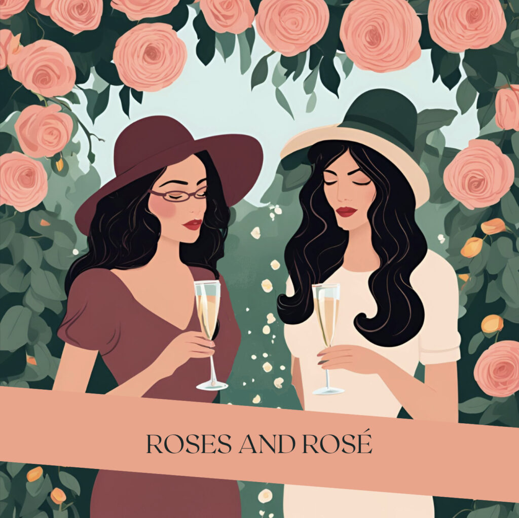 Two women under a beautiful rose arbor, holding champagne glasses.