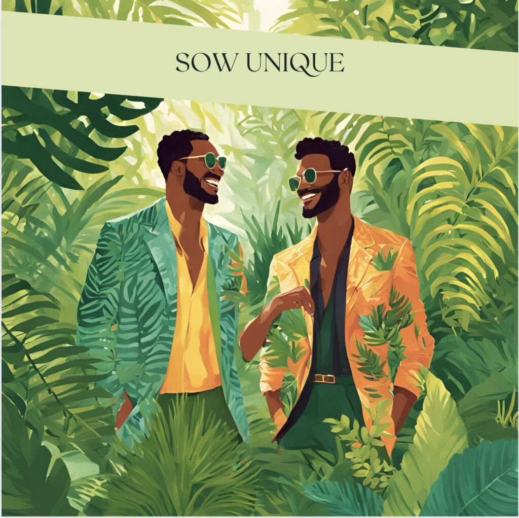 Two stylish men smiling in a fern garden.